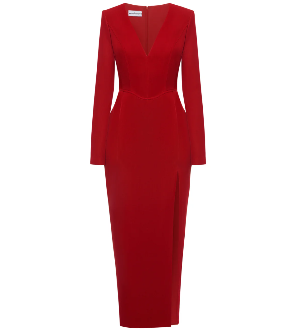 ARUTIUNOVA front-slit midi velvet dress red