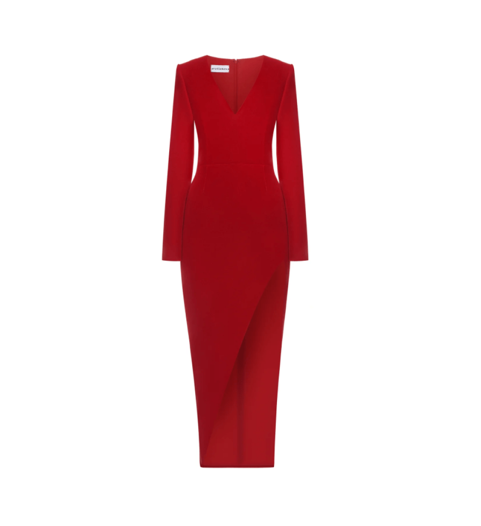 ARUTIUNOVA front-slit midi velvet dress red
