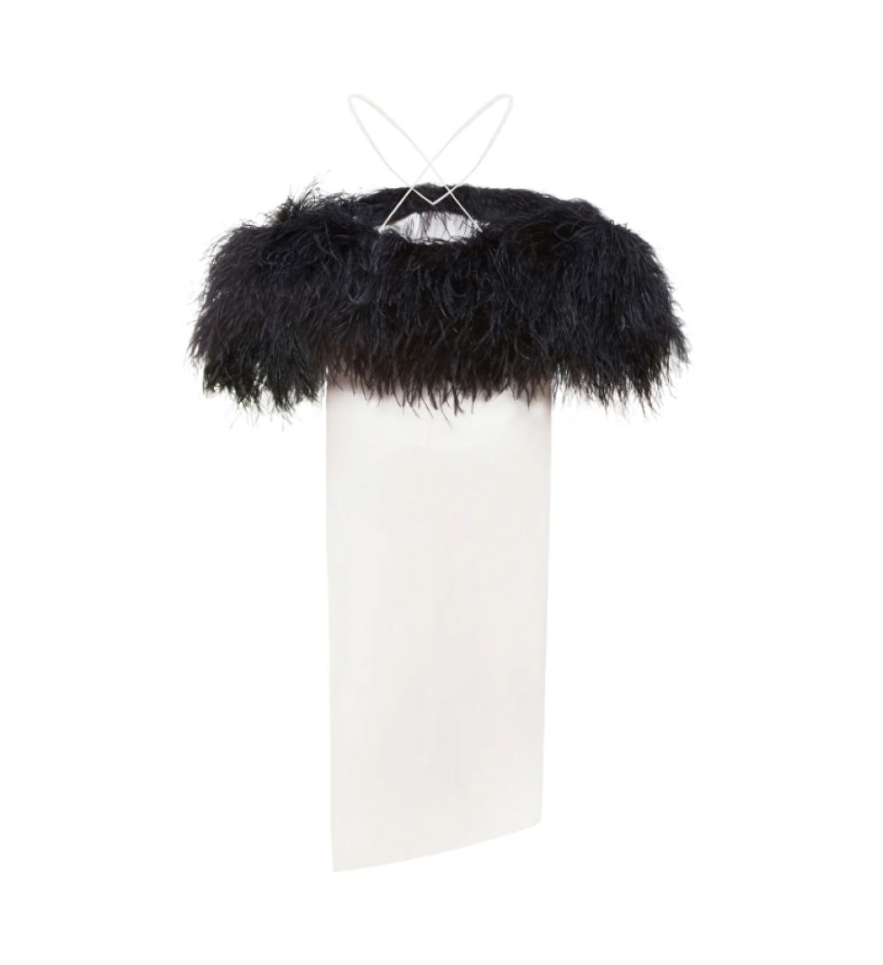 ARUTIUNOVA front-slit midi dress with feathers cream-white-black