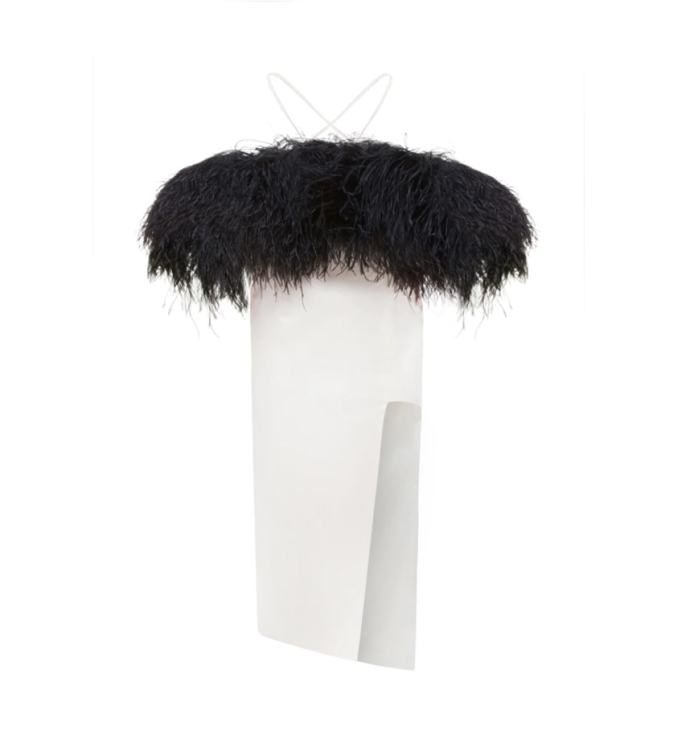 ARUTIUNOVA front-slit midi dress with feathers cream-white-black