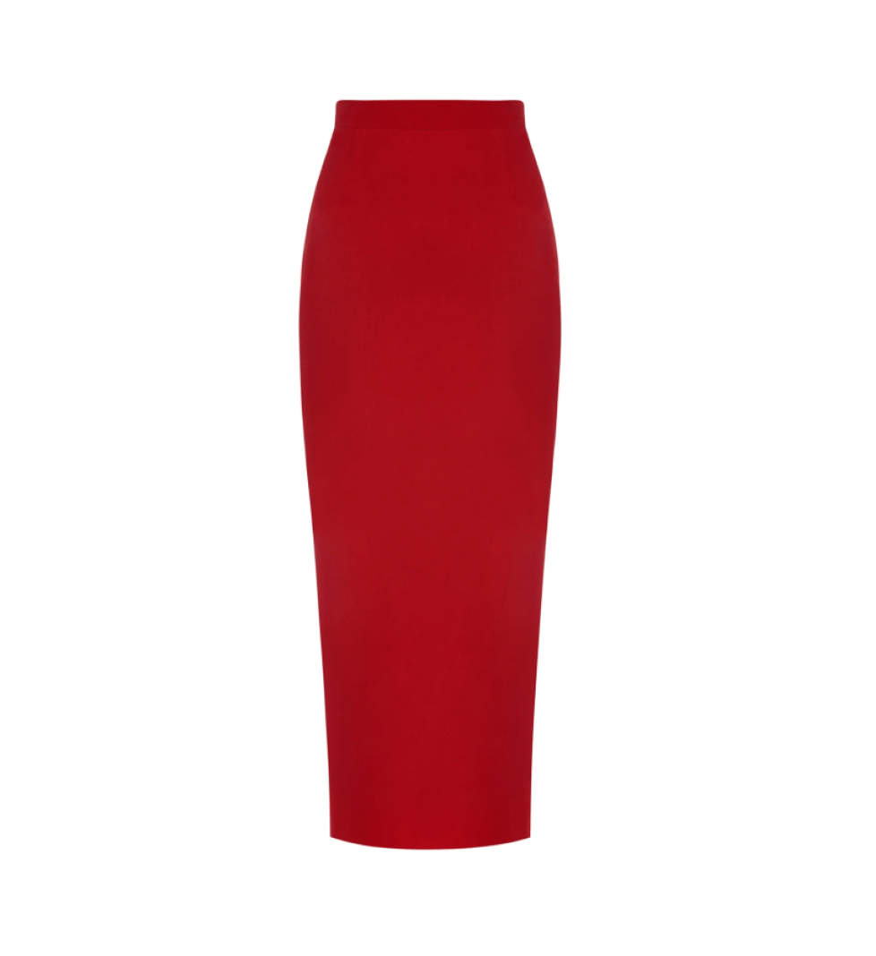 ARUTIUNOVA split back midi velvet skirt red