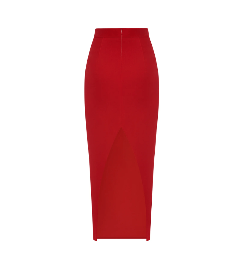 ARUTIUNOVA split back midi velvet skirt red