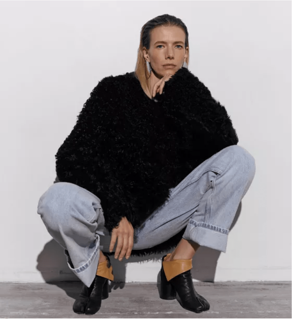 BAZHANE medium-length sheepskin coat black