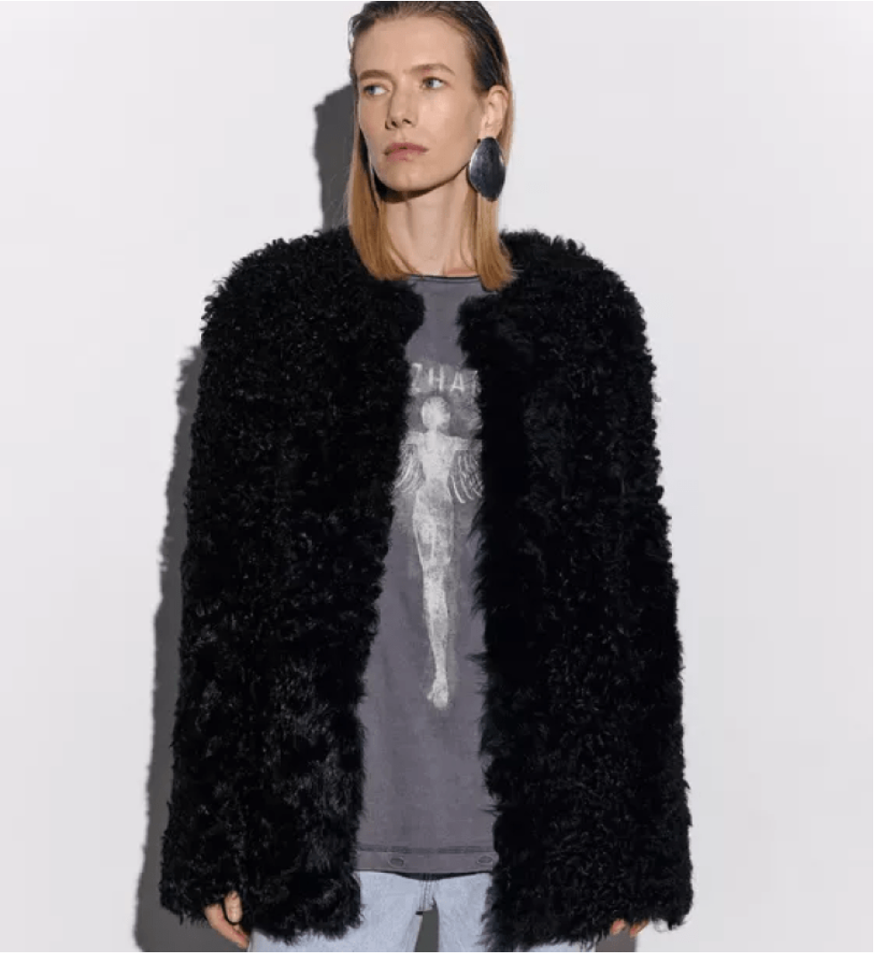 BAZHANE medium-length sheepskin coat black