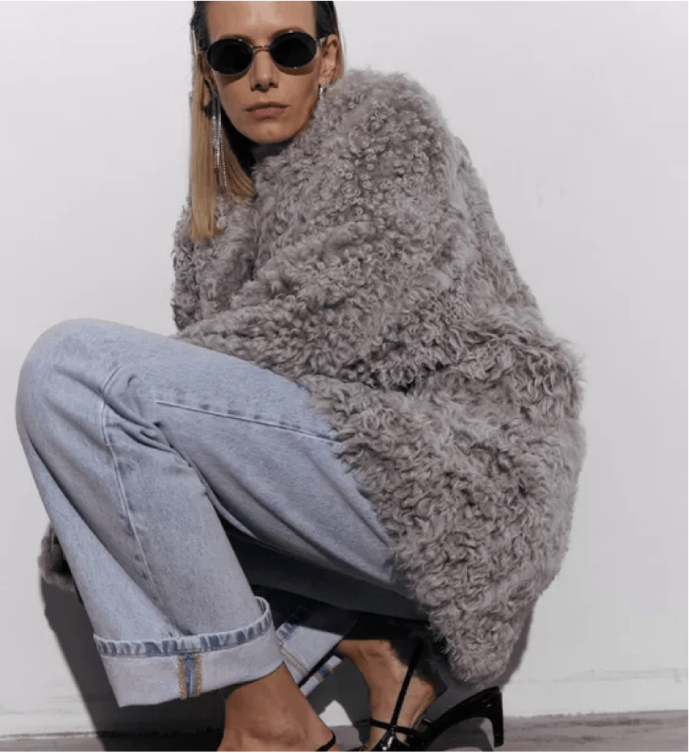 BAZHANE medium-length sheepskin coat grey