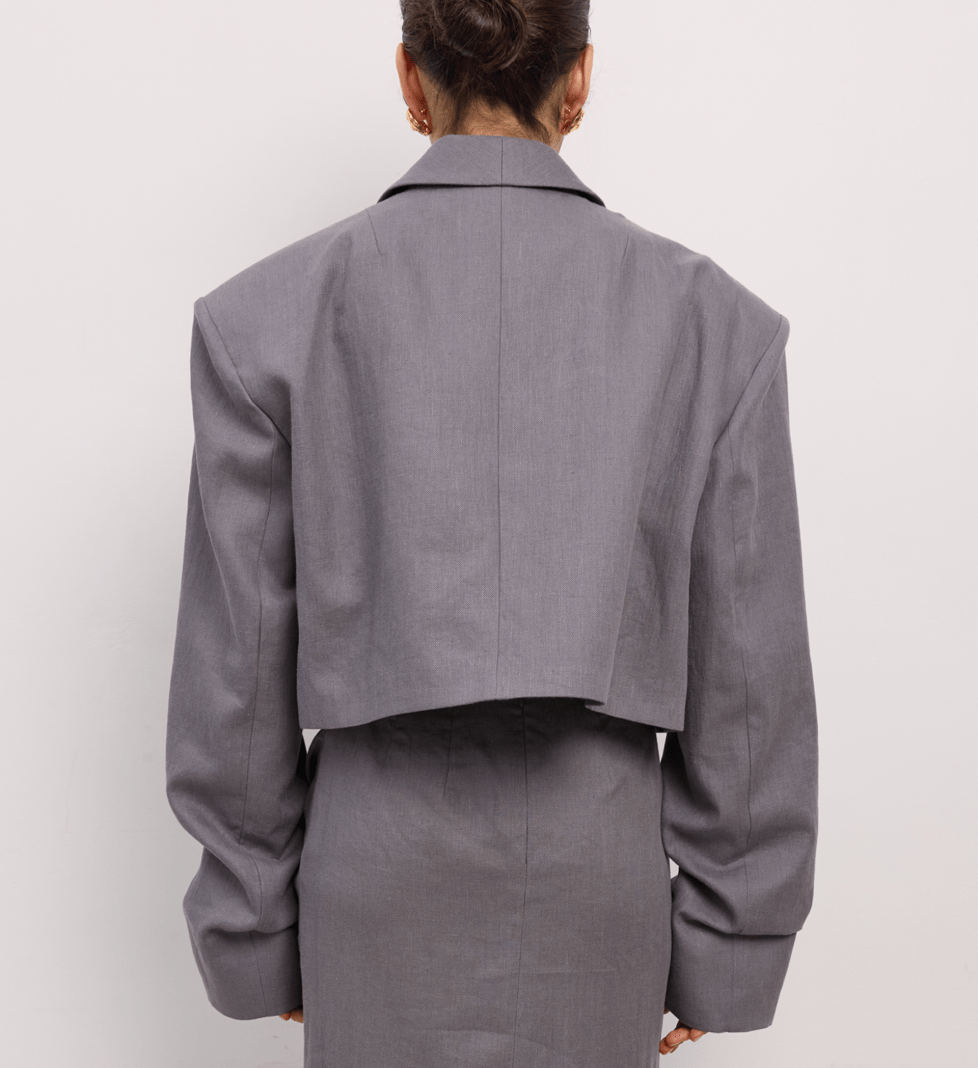 BAZHANE cropped linen jacket with gathered sleeves graphite