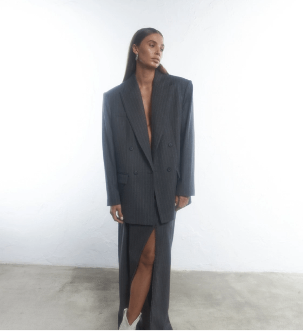 BAZHANE oversized wool blazer with shoulder pads grey striped