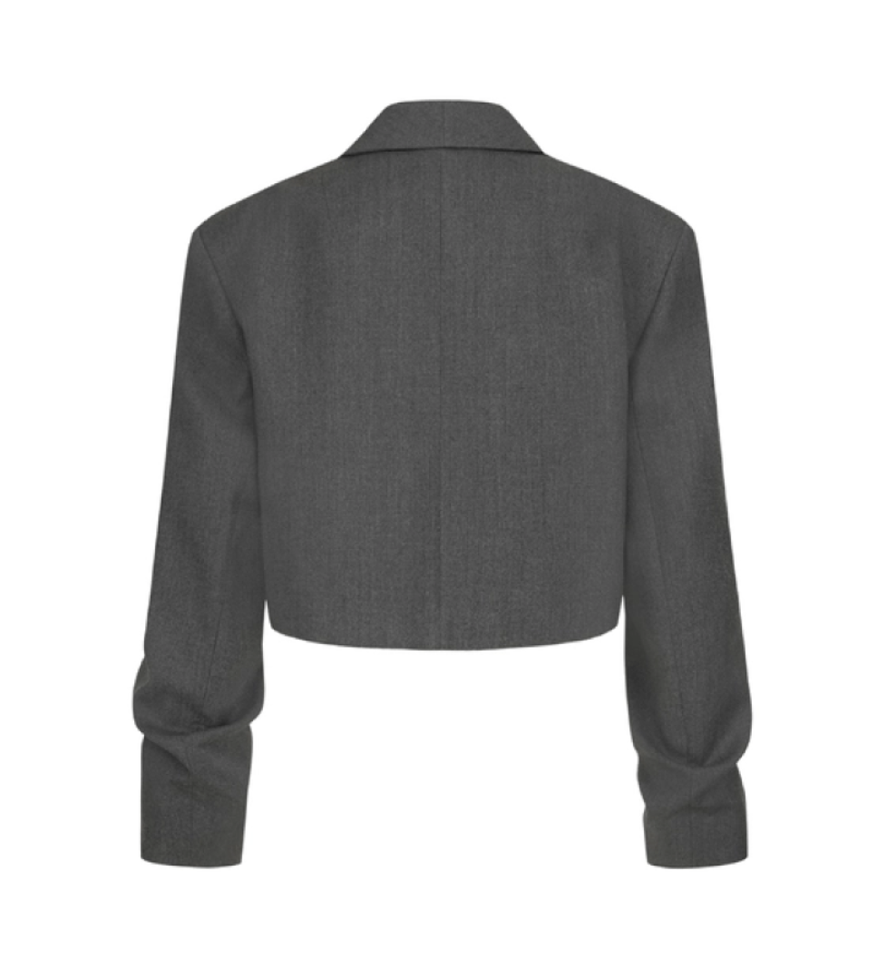 BAZHANE woolen crop jacket with gathering on the sleeve grey