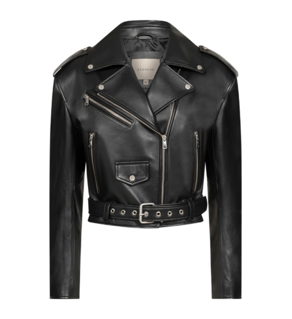BAZHANE leather jacket with shoulder pads and belt