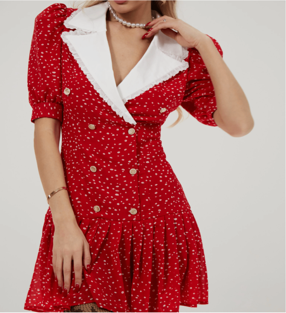 Be:POSH red polka dot chiffon mini dress with white collar