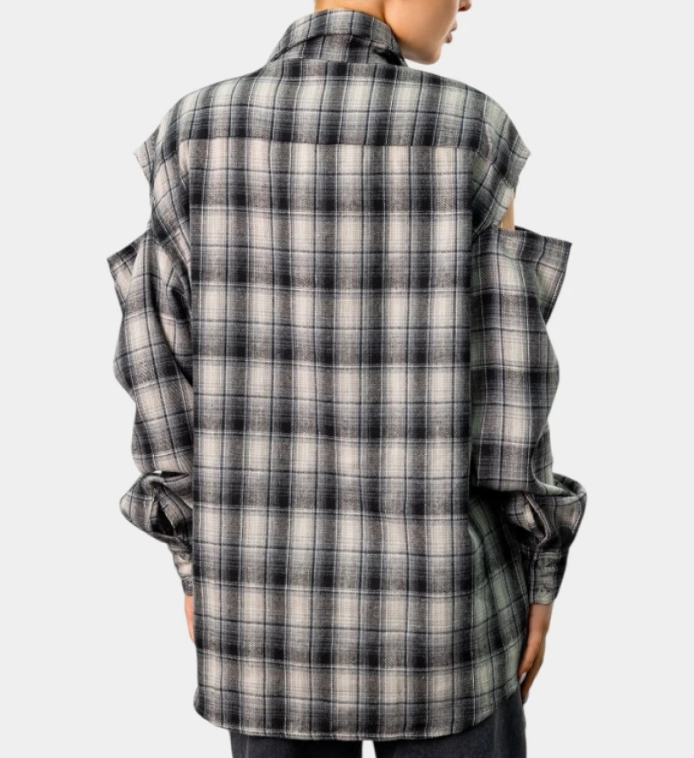 BLAZH' Checkered oversized shirt Cut Off Shoulders black and white