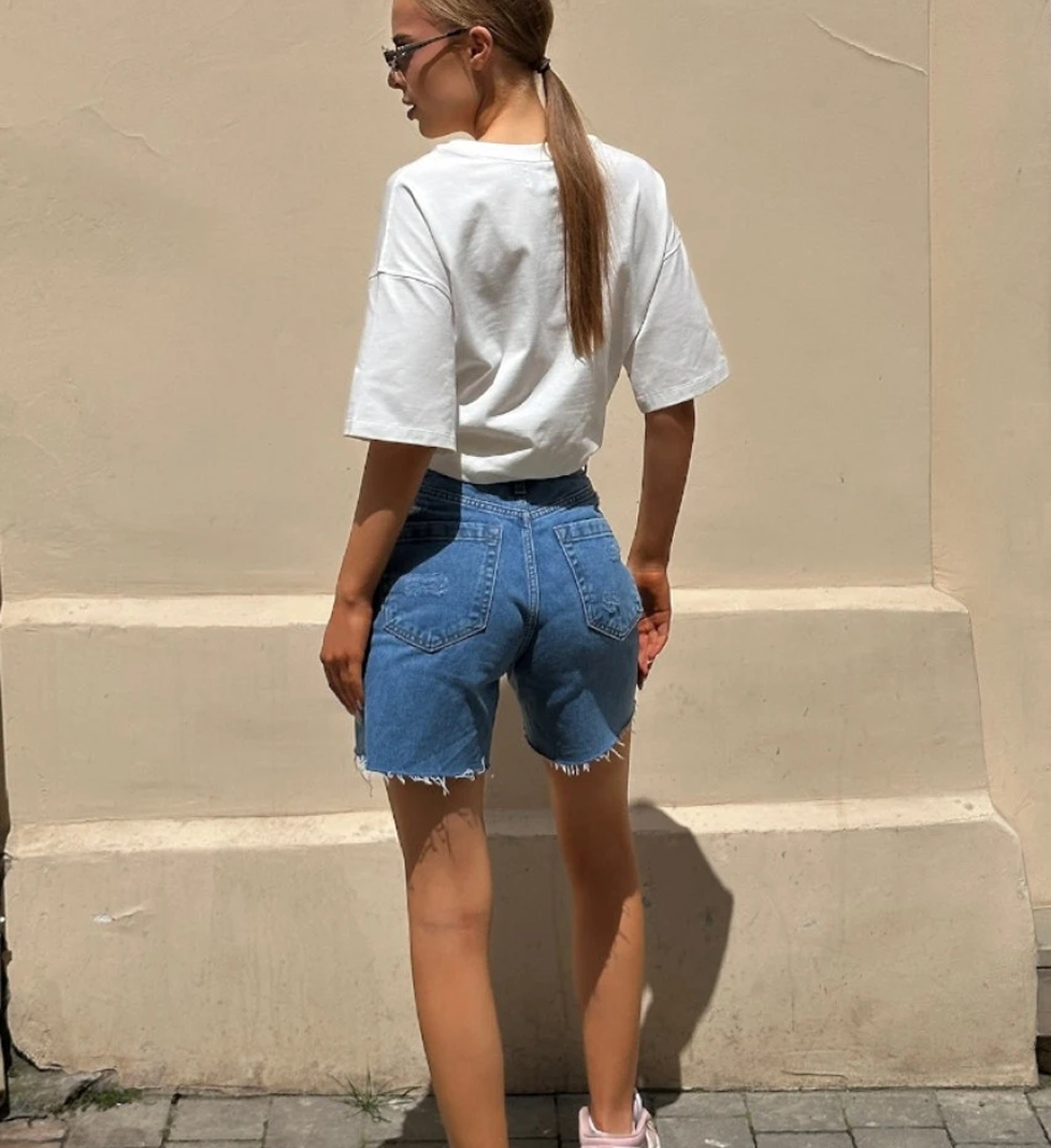 Blazh Distressed Straight Cut Shorts Blue