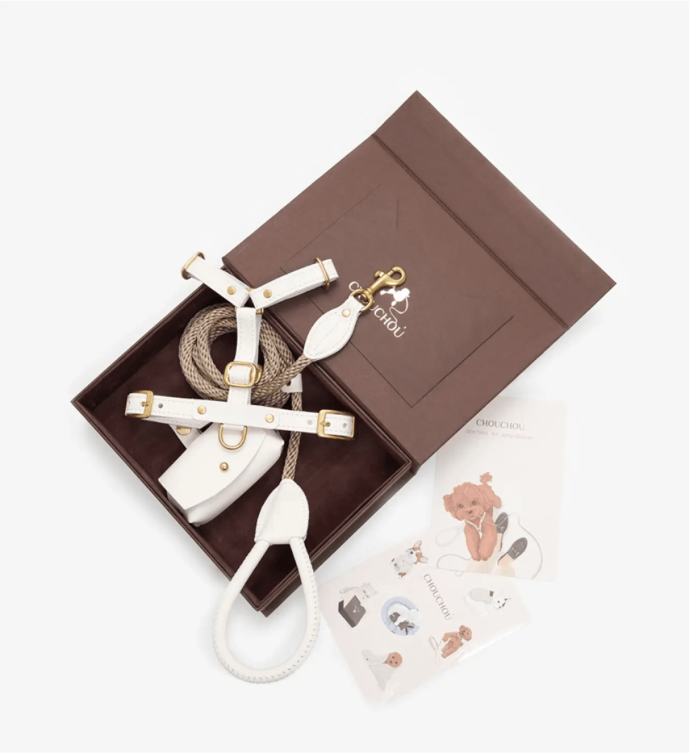CHOUCHOU accessory set for dogs (harness + leash + dispenser) milk
