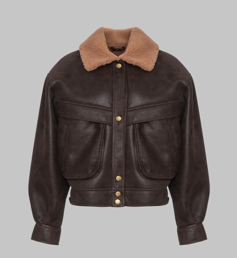 GOT'S LABEL sheepskin coat with pockets and stand-up collar brown