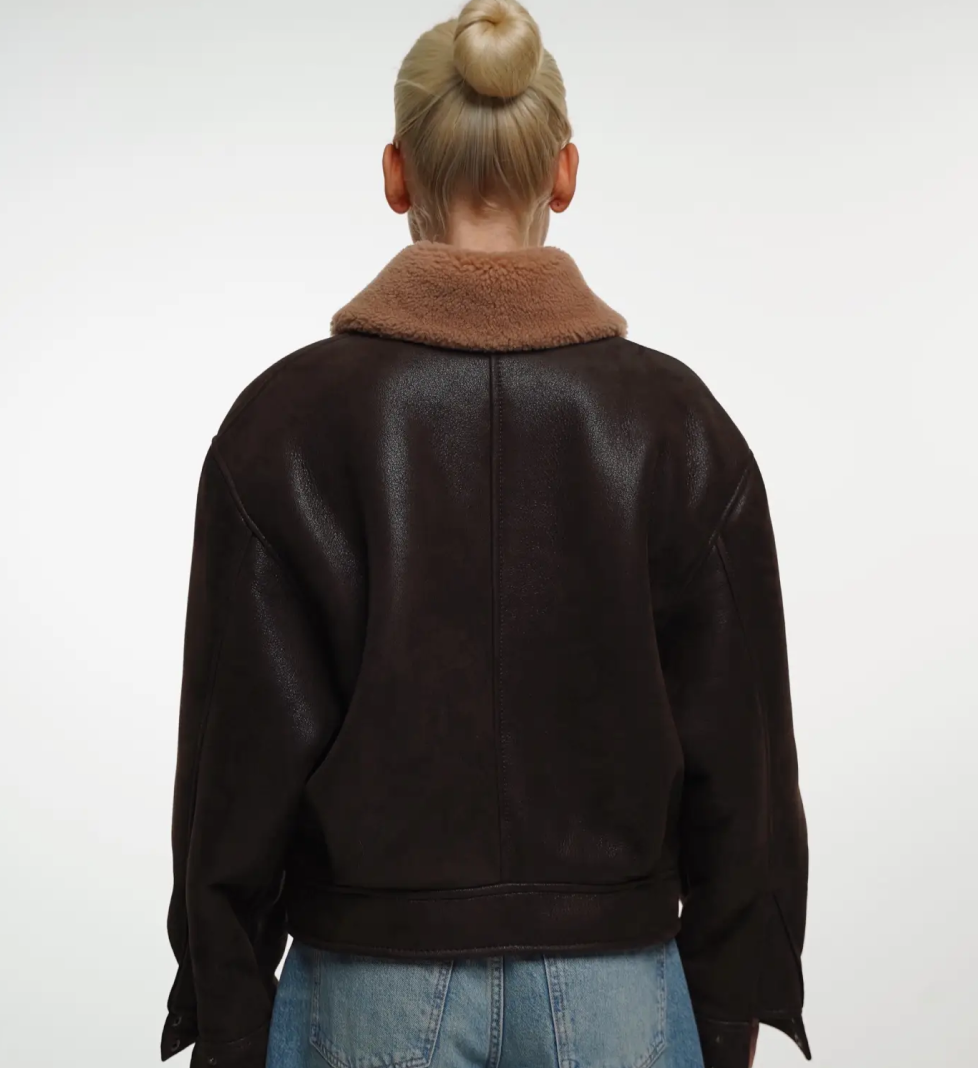 GOT'S LABEL sheepskin coat with pockets and stand-up collar brown