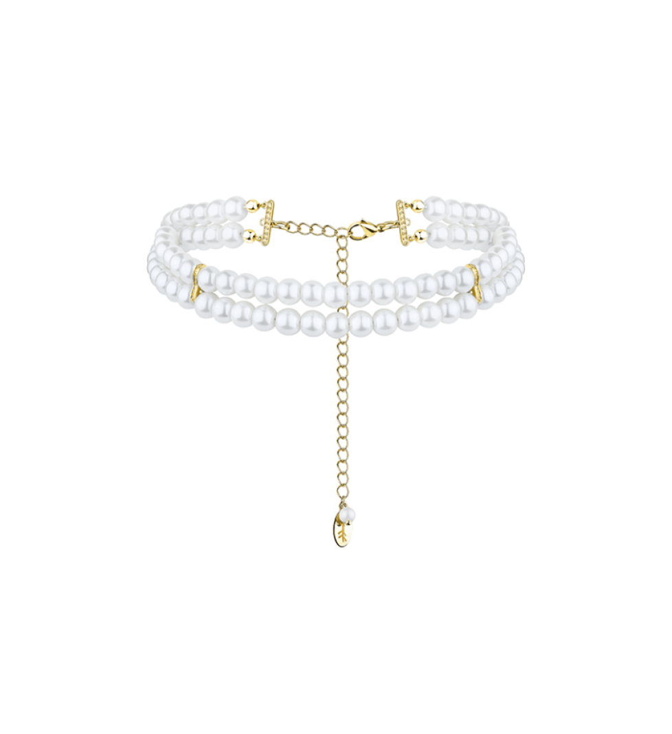 Grains De Verre Choker "2 ROWS" White Ceramic Beads Gold