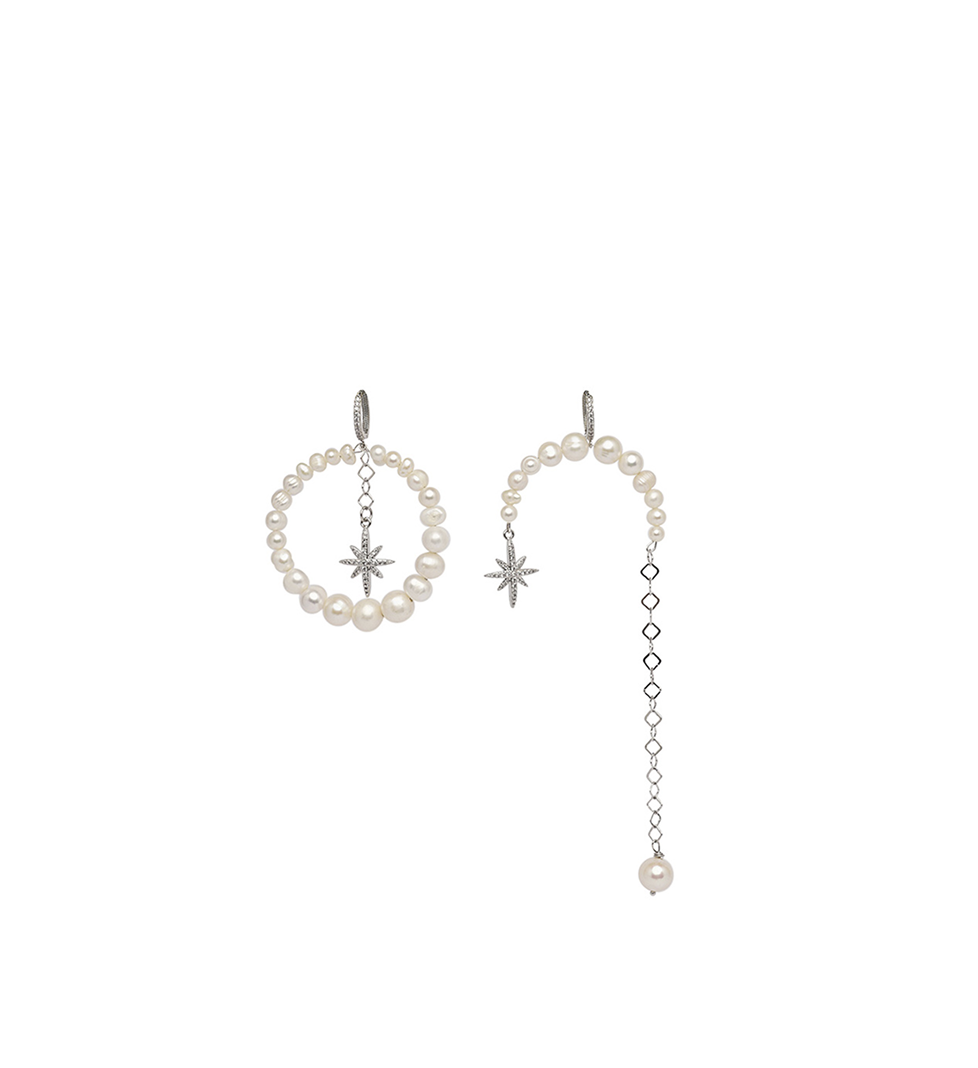 Grains De Verre "MORNING STAR" Asymmetrical Earrings with pearls Silver
