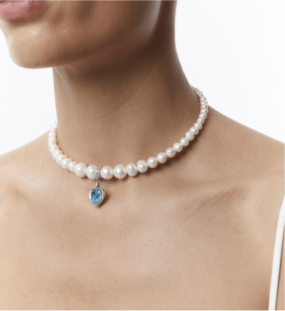 Grains De Verre Pearls Choker With Blue Heart Silver