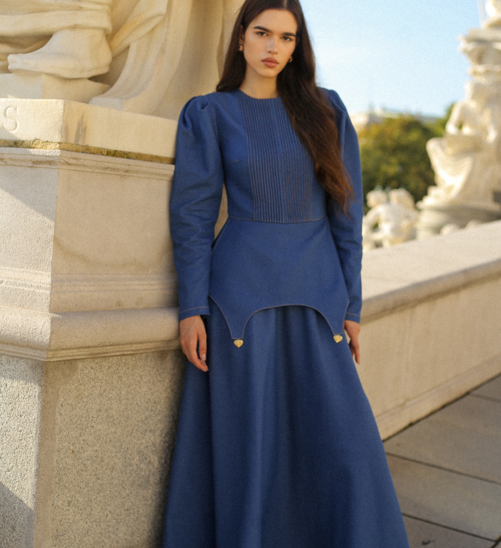 GURANDA Denim maxi dress with bascqu blue