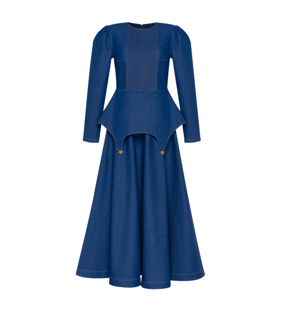 GURANDA Denim maxi dress with bascqu blue