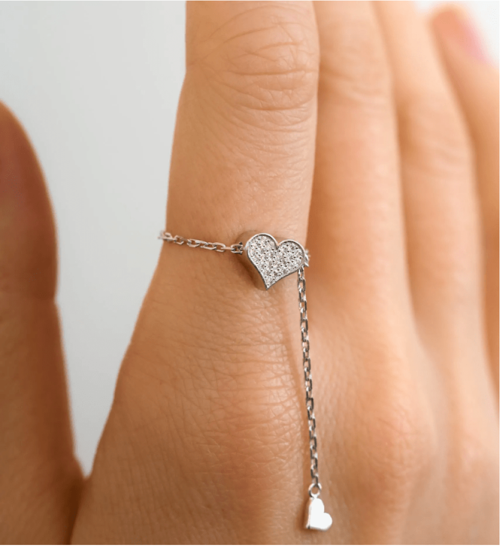 GUZEMA transforming ring, heart with diamonds on a chain White Gold
