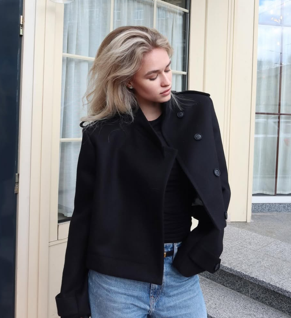 HAVRY crop coat lapels and cuffs on the sleeves “LILY” black