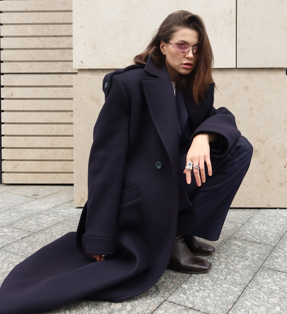 HAVRY maxi coat with shoulder pads “Grace” blue