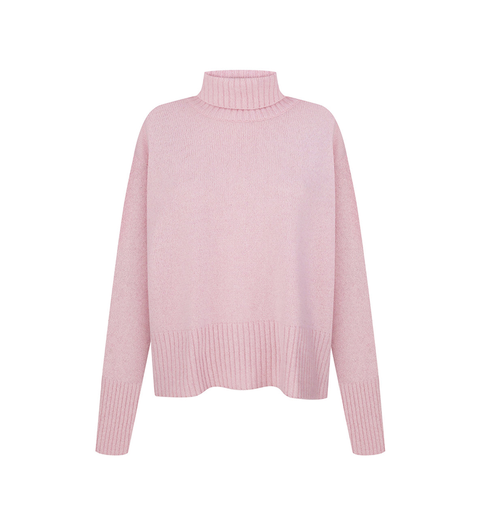 Keenly pink sweater with high collar, extra soft cashmere and wool