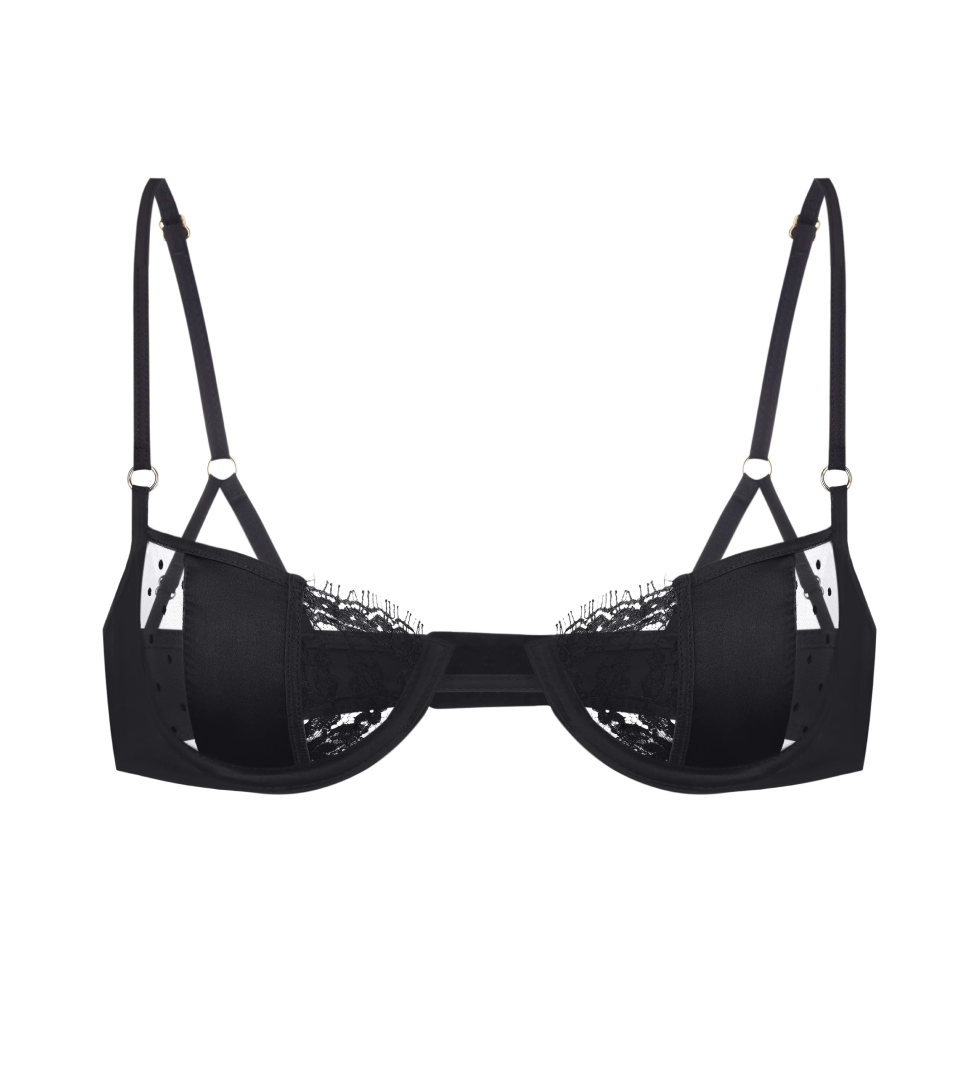 PeachPeach Pleasure Silk Lace and Polka-dot Mesh Balconette Black