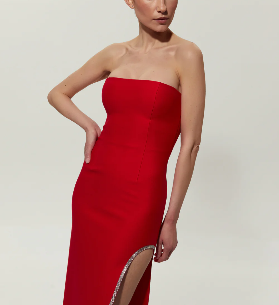 SEMENENKO Red maxi dress with slit embellished with crystals