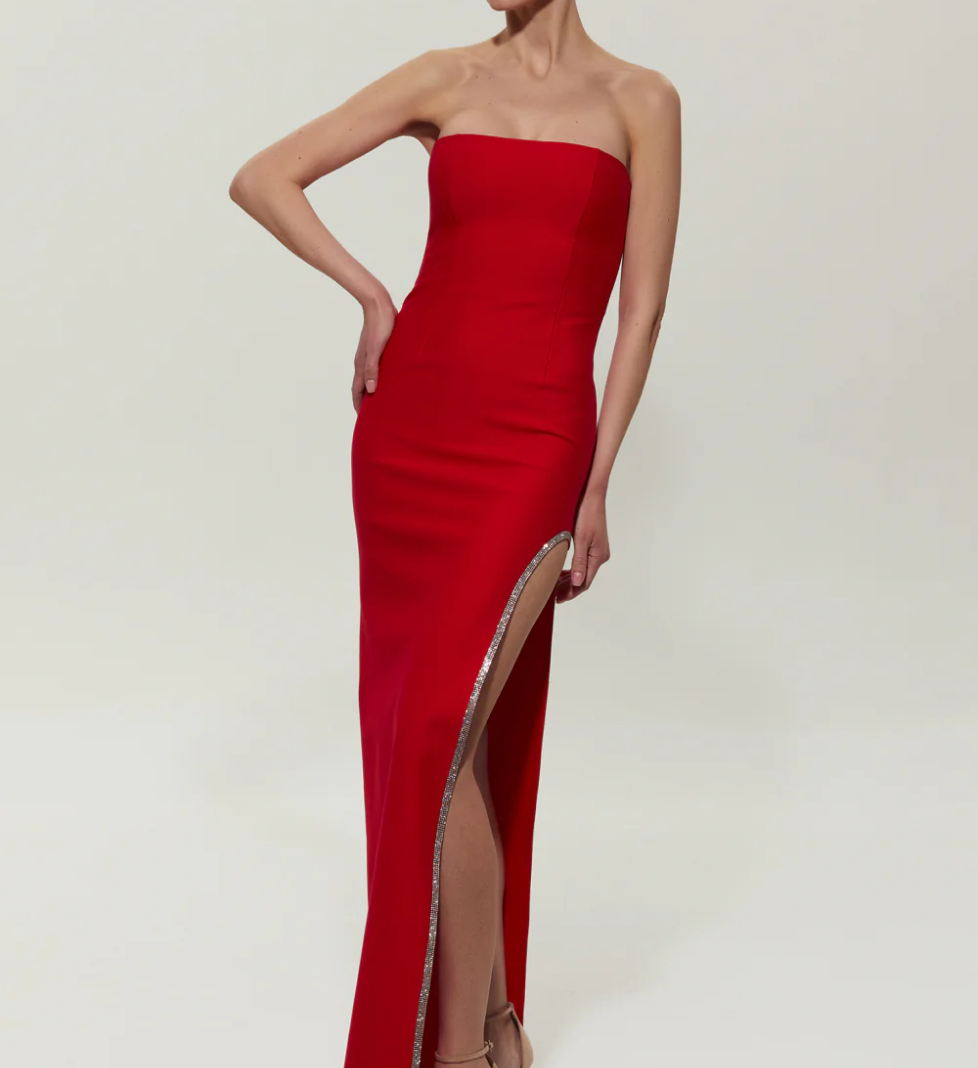 SEMENENKO Red maxi dress with slit embellished with crystals