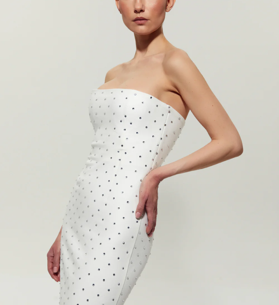 SEMENENKO White midi dress with slit embellished with crystals