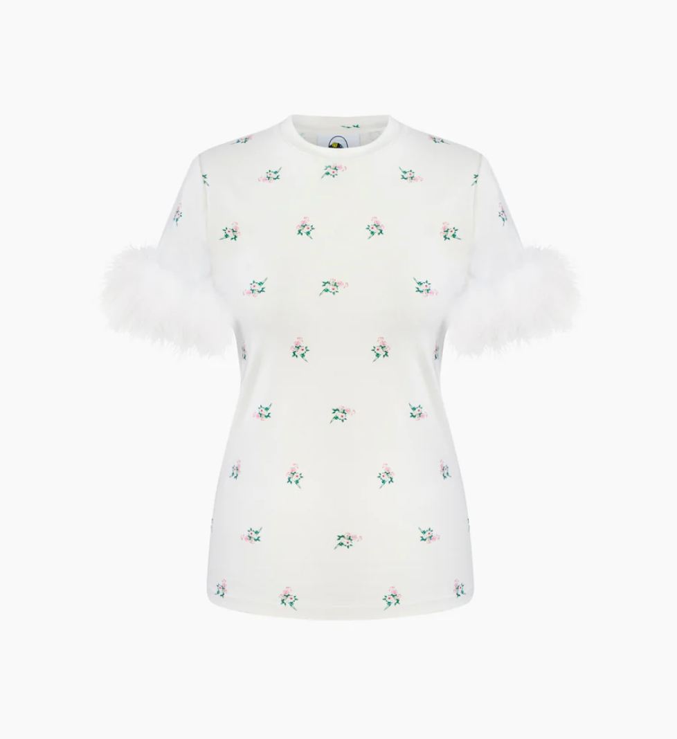 SLEEPER knitted T-shirt with removable feathers in a bouquet print
