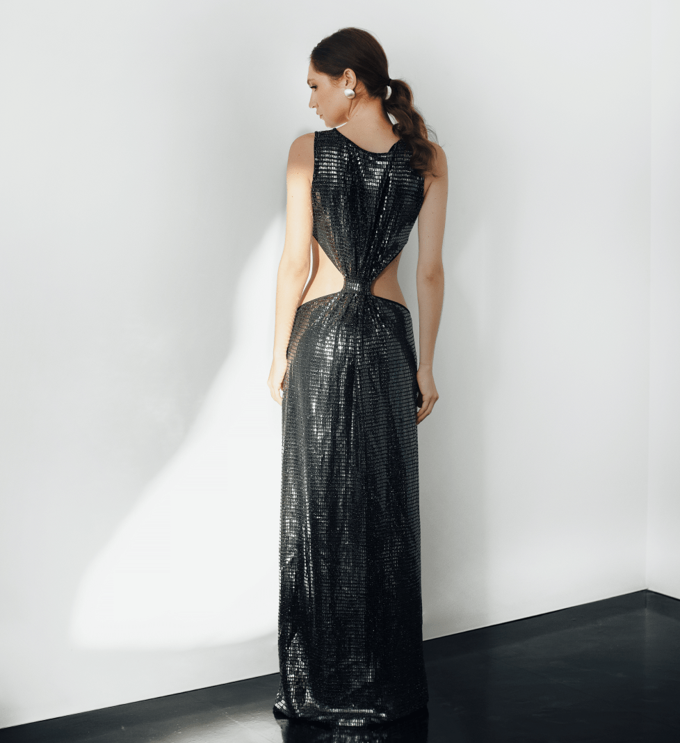 STRELNYKOVA sequin dress on a knitted fabric