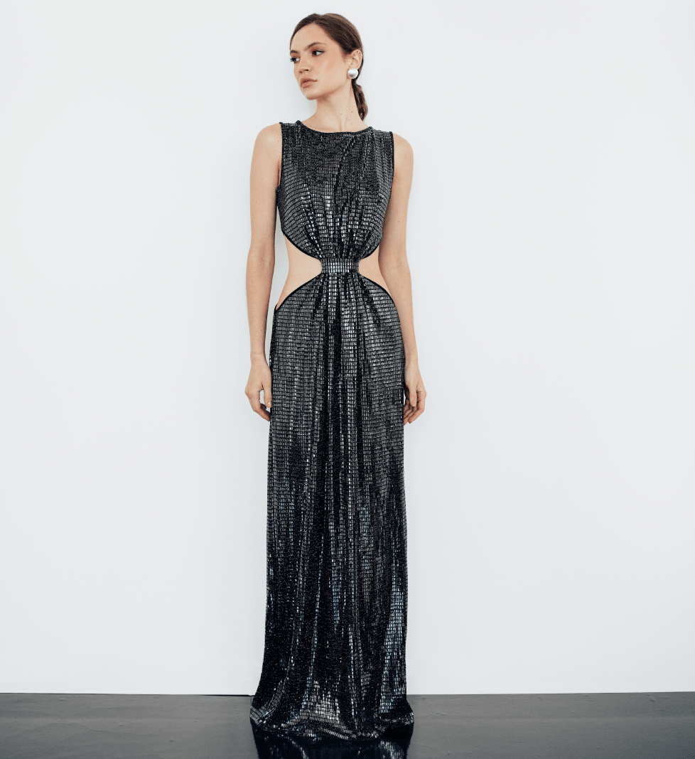 STRELNYKOVA sequin dress on a knitted fabric
