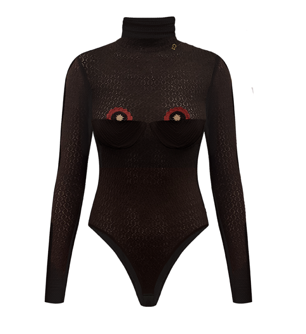 TONiA Merino bodysuit with flowers brown