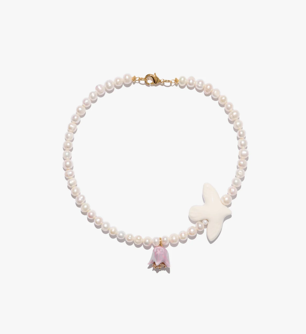 TSVITE TEREN POLYSK necklace with medium pearls, a bird and a lilac small bell golden