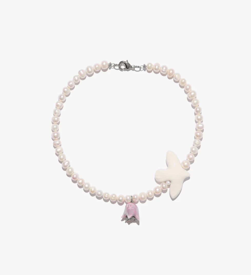TSVITE TEREN POLYSK necklace with medium pearls, a bird and a lilac small bell silver